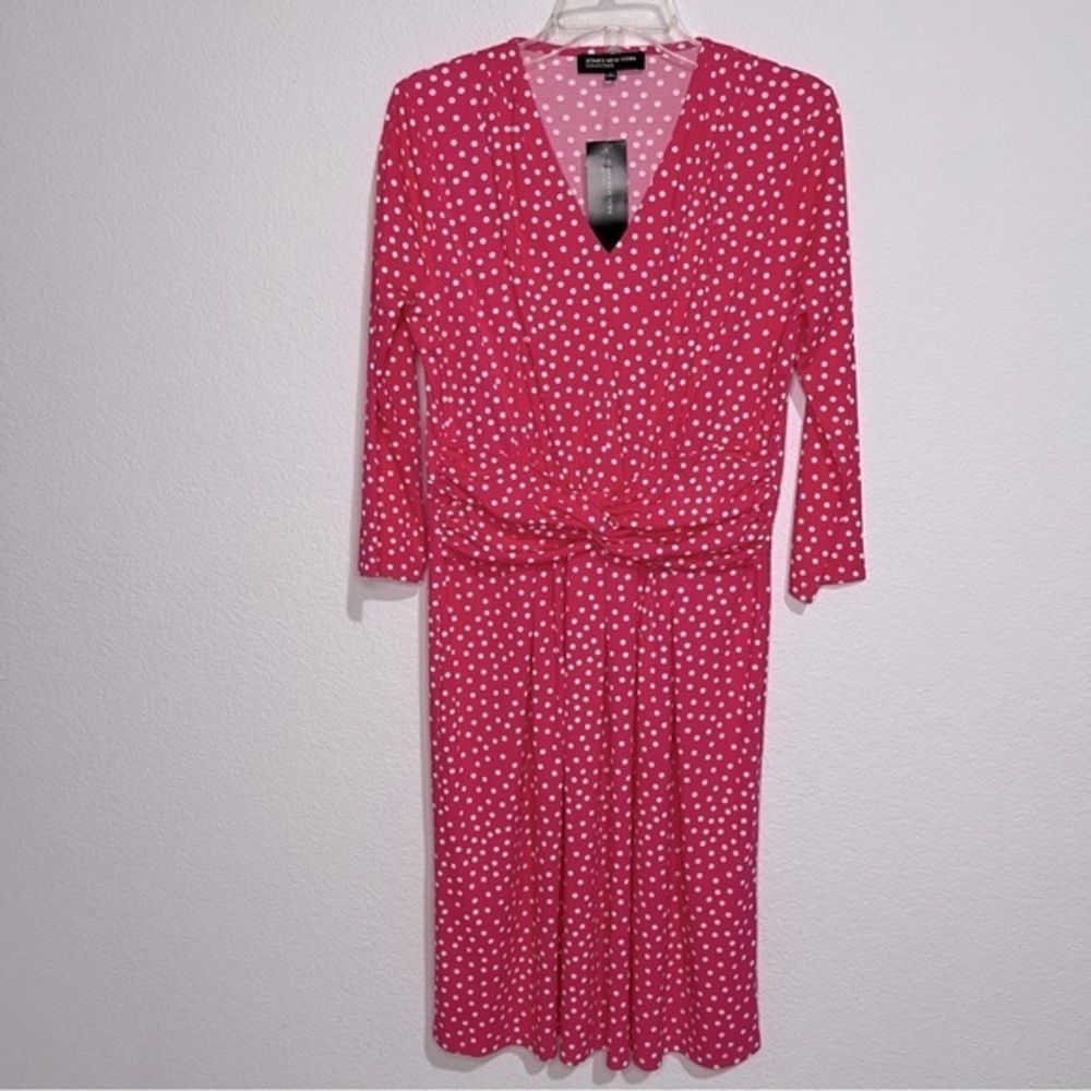 Jones New York Pink White Polka Dots V Neck Long Sleeve Midi Dress Medium